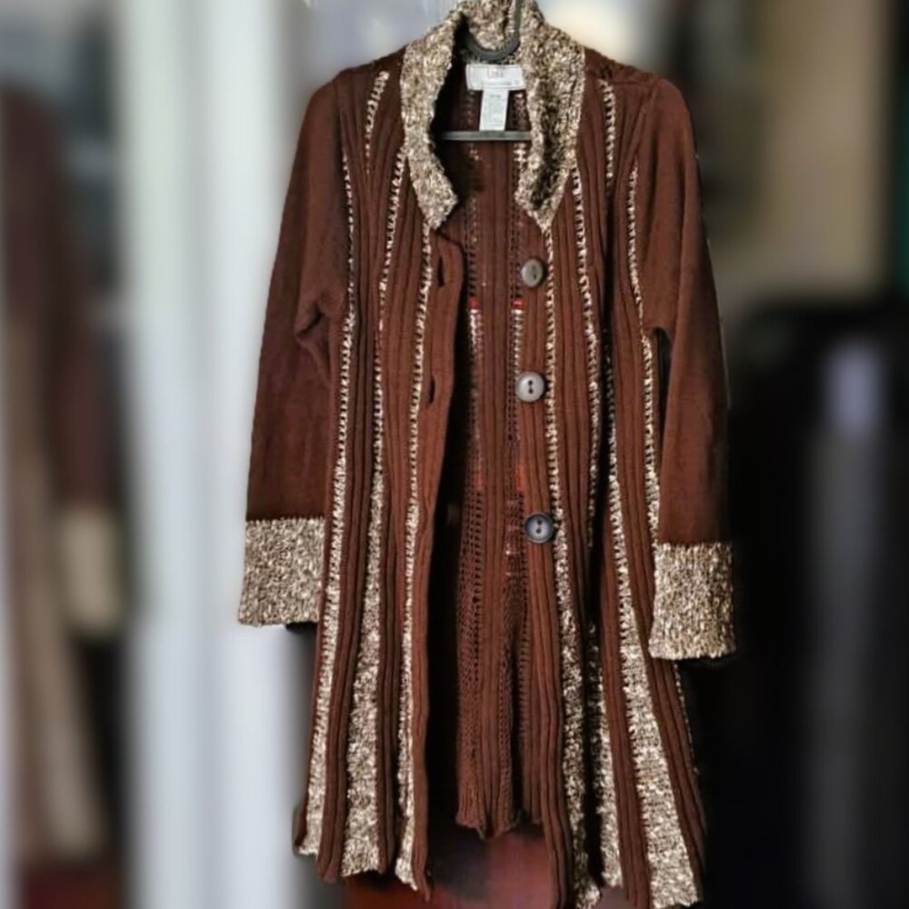 Vintage Lisa International Brown Longline Cable-Knit Cardigan Like New